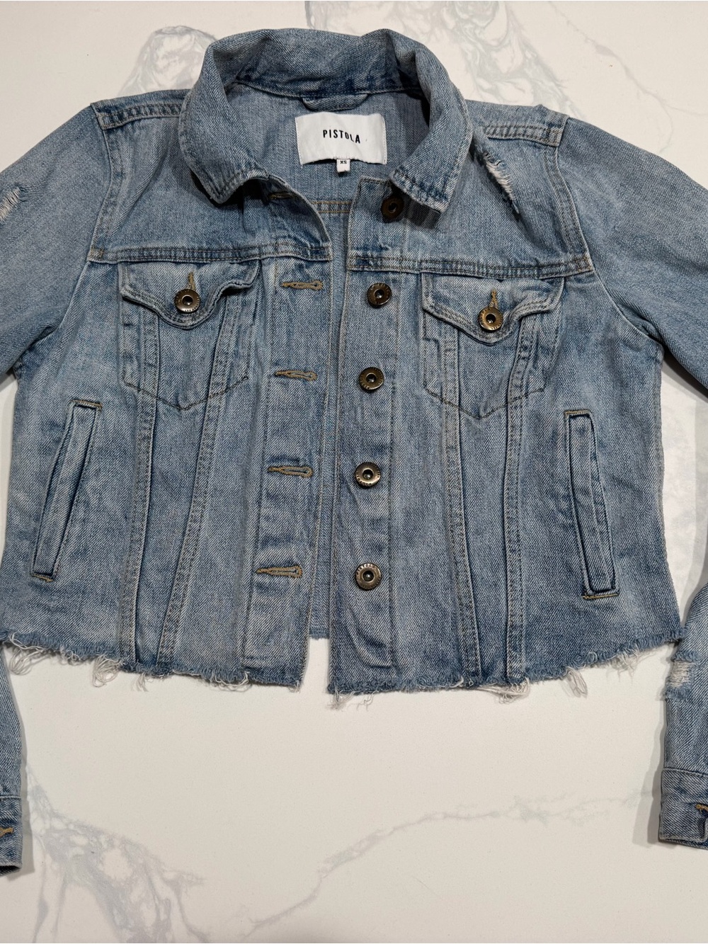 Pistola XS cropped, distressed & faded light blue denim jean jacket Y2K